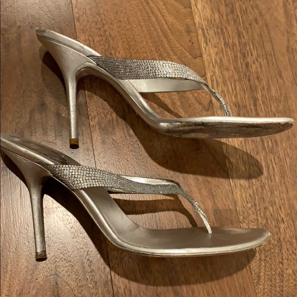 Rene Caovilla silver rhinestone thong heels